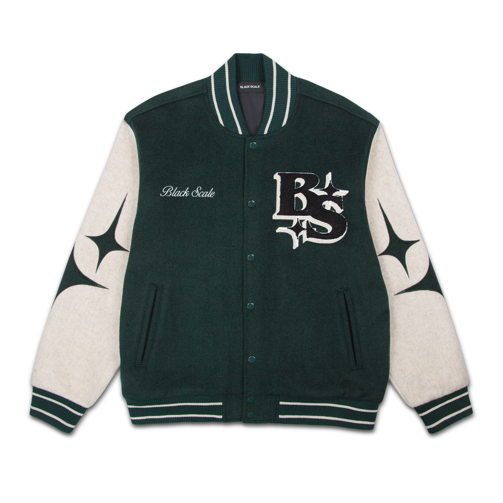 Black Body Varsity Jacket with Forest Green Sleeves
